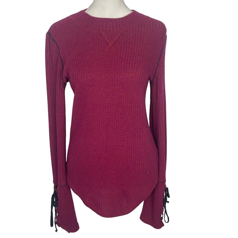 FREE PEOPLE Women Thermal Mountaineer Lace Up Long Sleeve Sweater Sz S Red 26-2
